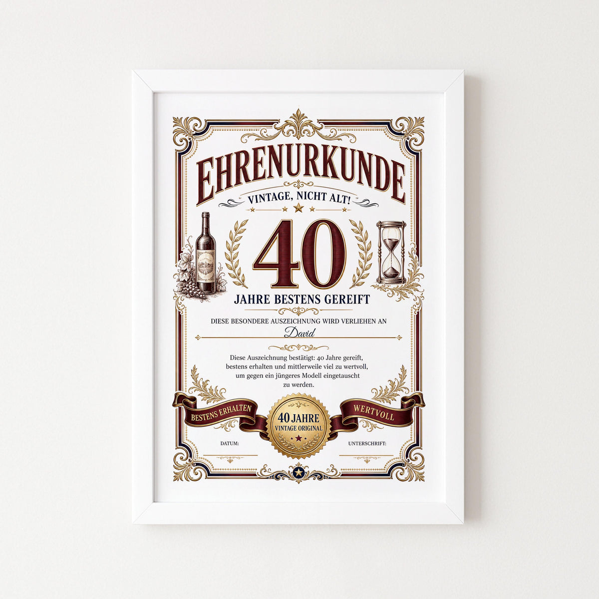 Personalisierte Urkunde zum 40. Geburtstag