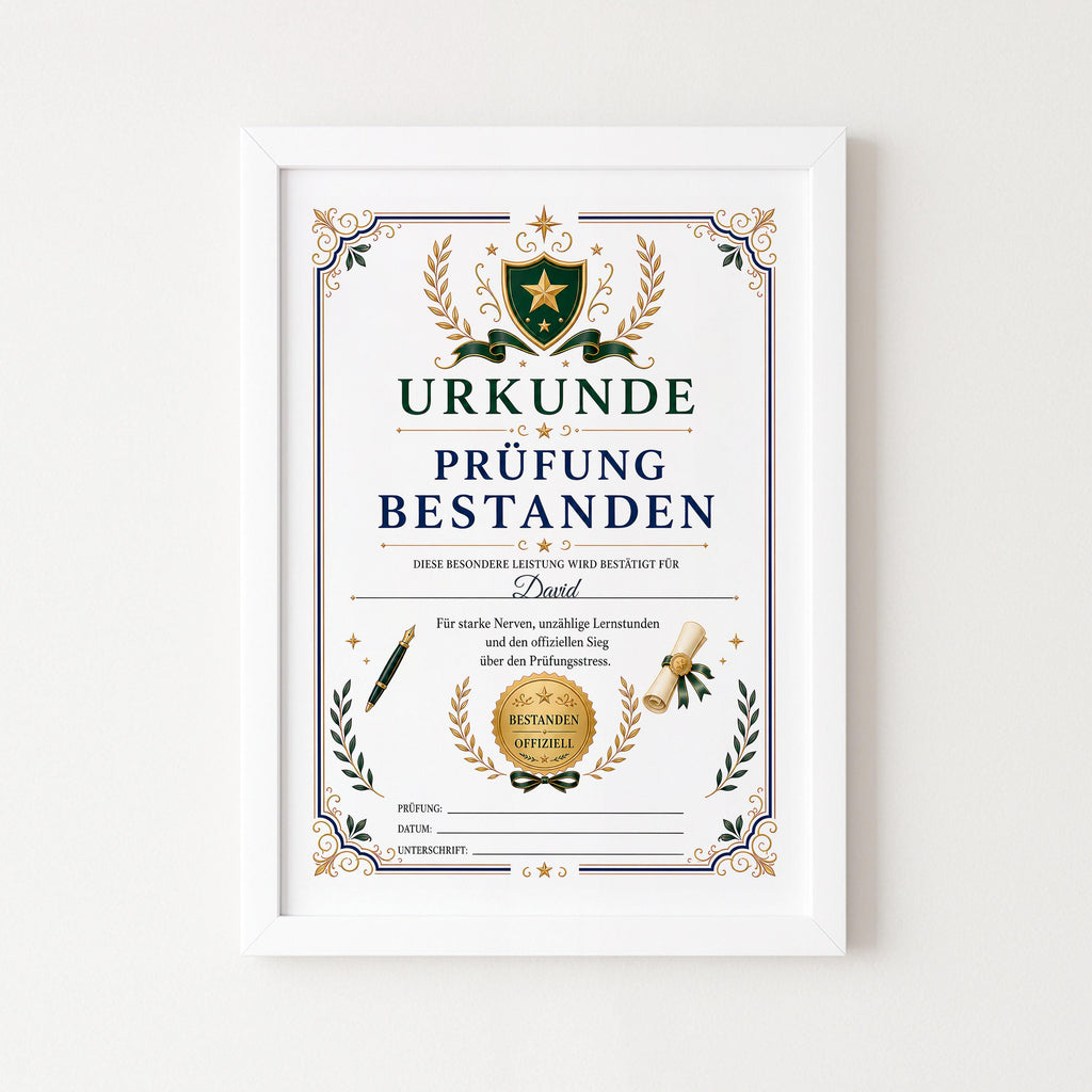 Personalisierte Urkunde „Prüfung bestanden“