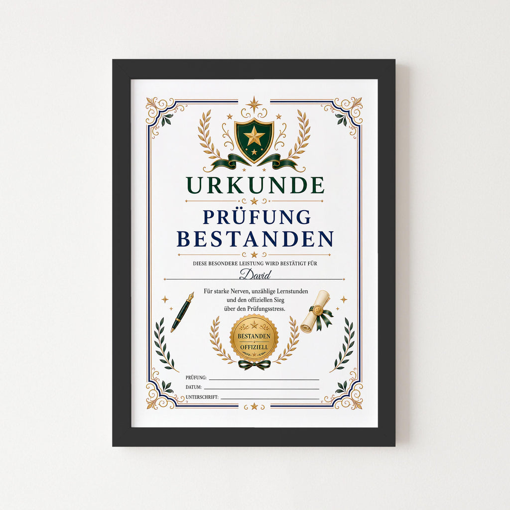 Personalisierte Urkunde „Prüfung bestanden“