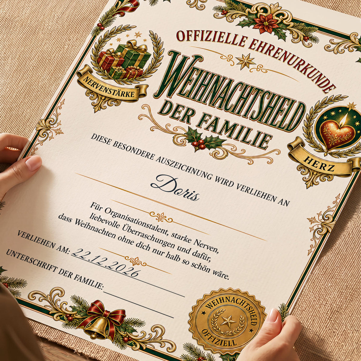 Weihnachtsheld der Familie – personalisierte Ehrenurkunde