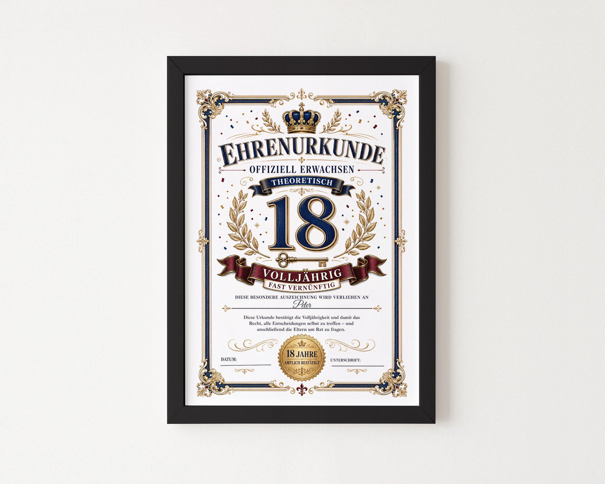 Personalisierte Urkunde zum 18. Geburtstag