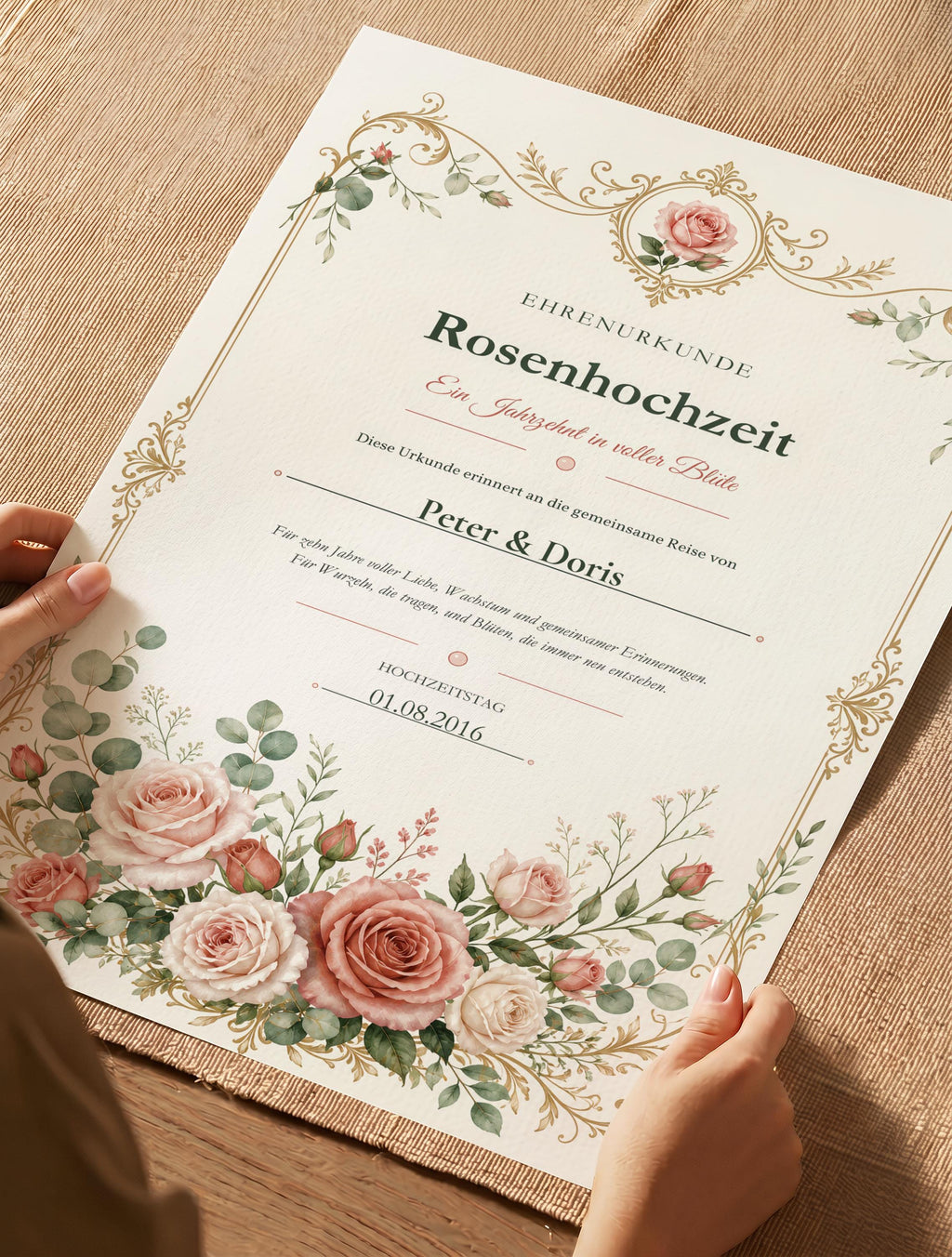 Rosenhochzeit 10 Jahre – personalisierte Urkunde