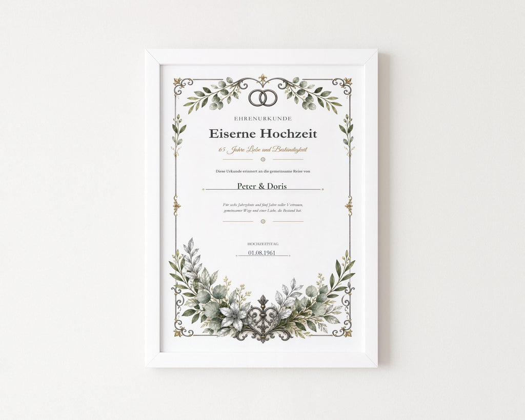 Eiserne Hochzeit 65 Jahre – personalisierte Urkunde