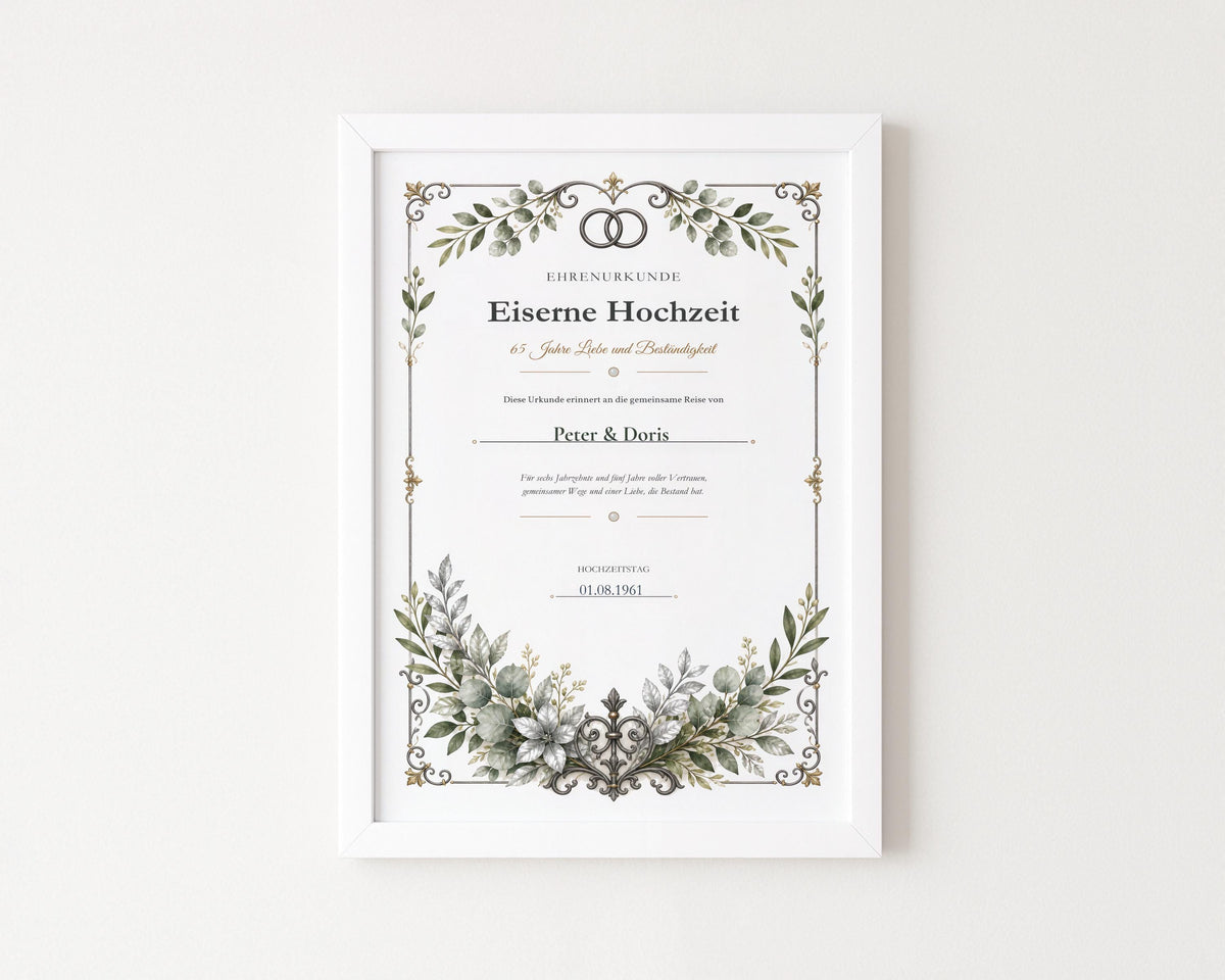 Eiserne Hochzeit 65 Jahre – personalisierte Urkunde