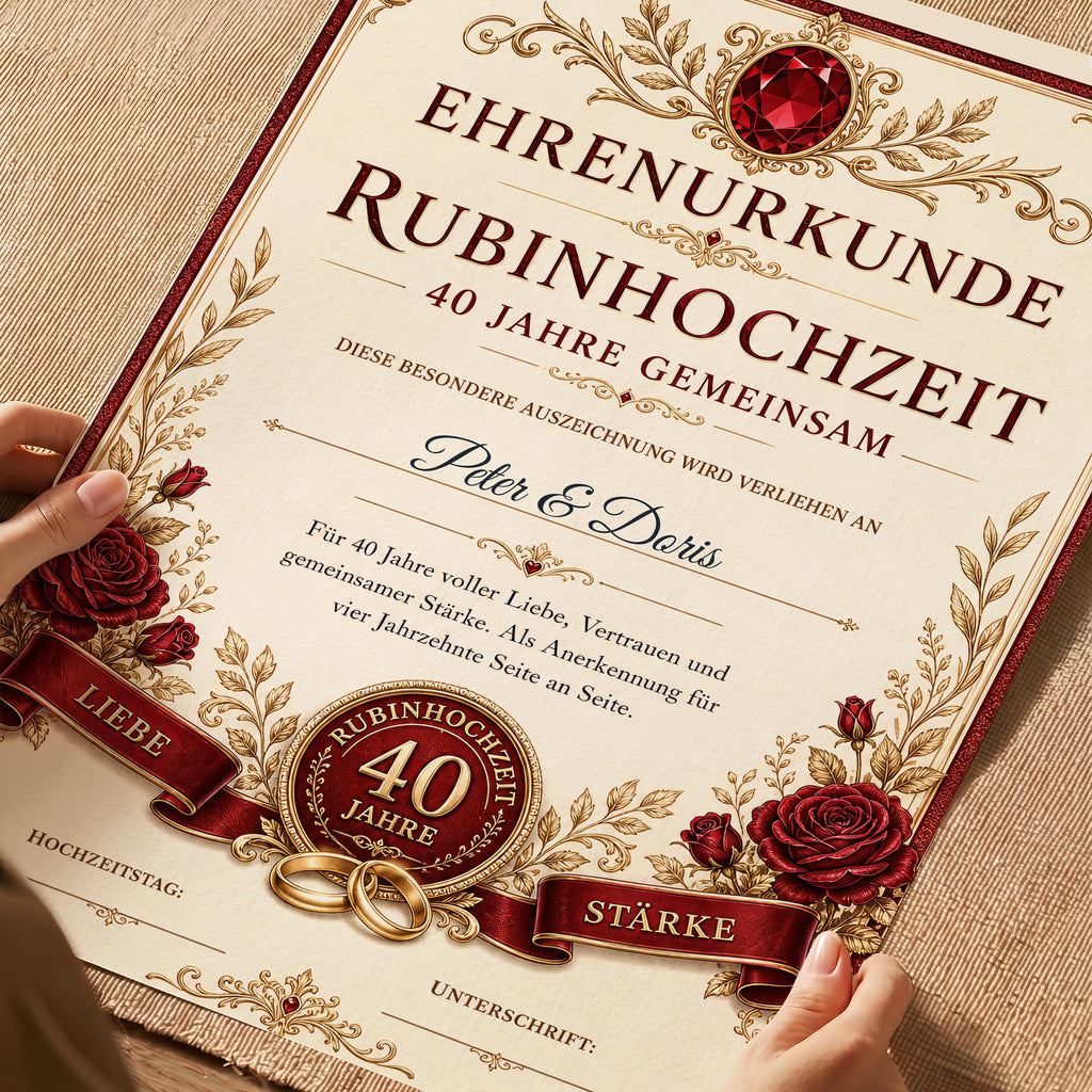 Personalisierte Urkunde „Rubinhochzeit“