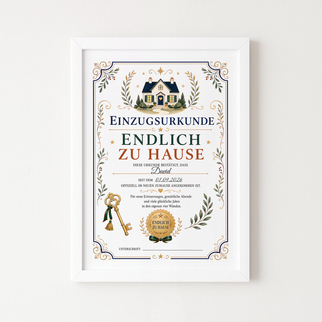 Personalisierte Einzugsurkunde „Endlich zu Hause“