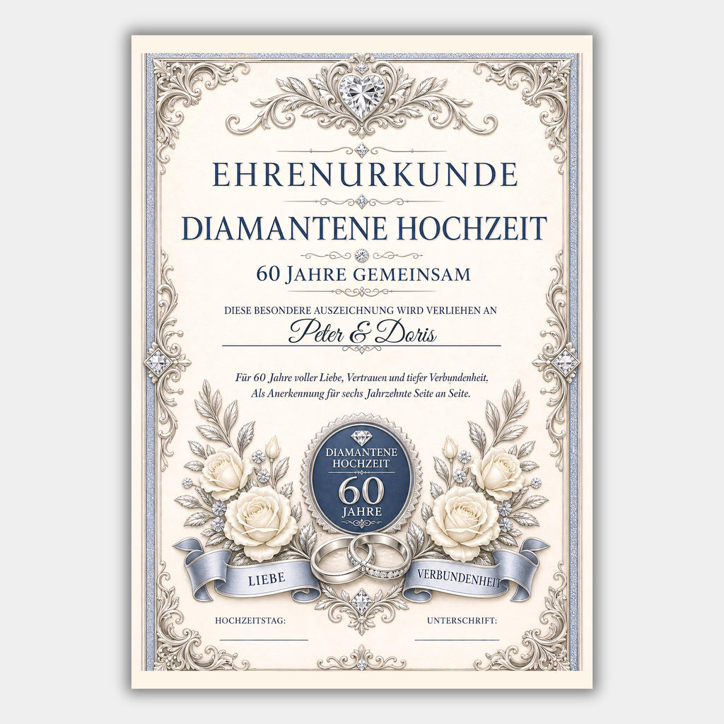 Personalisierte Urkunde „Diamantene Hochzeit“