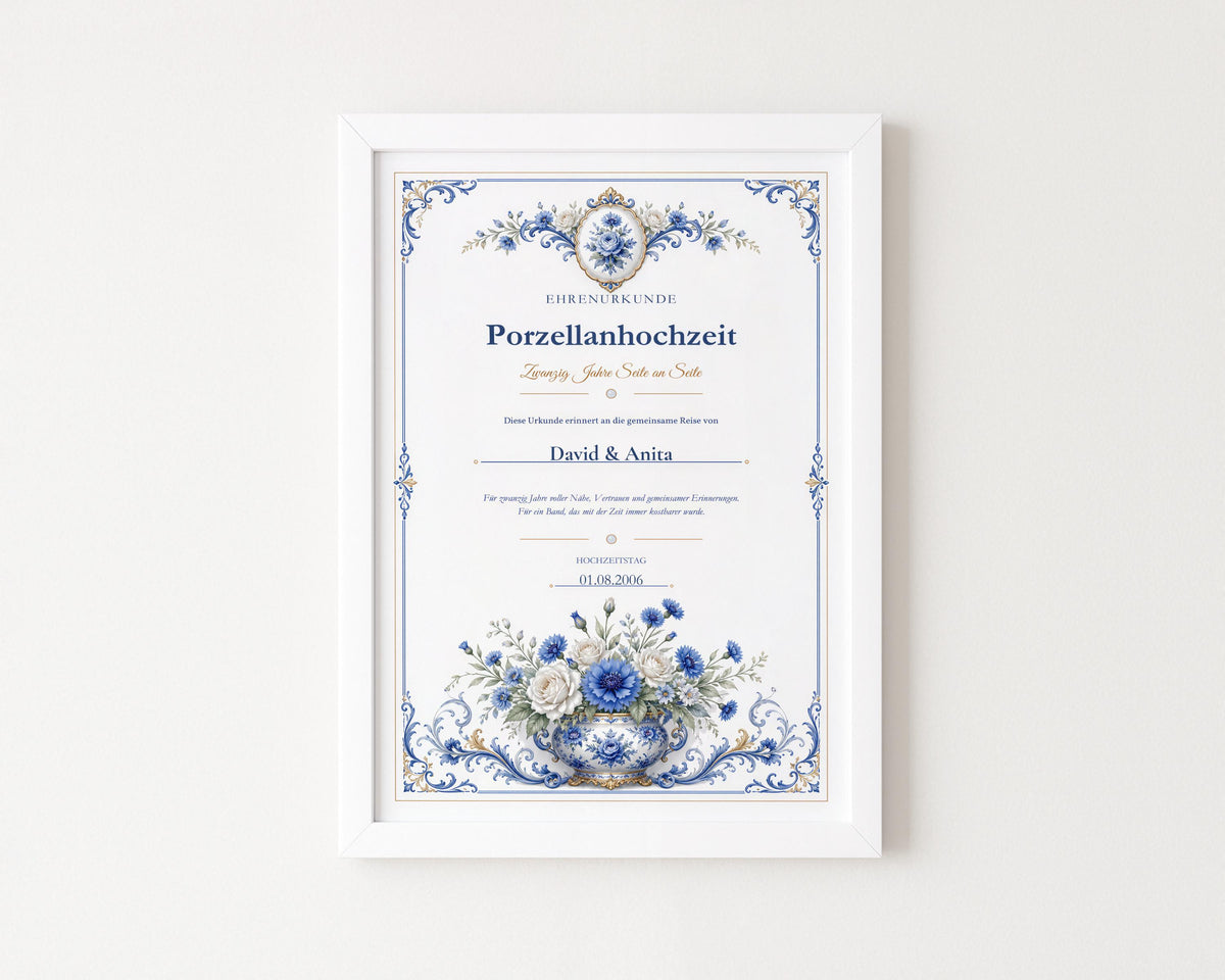 Porzellanhochzeit 20 Jahre – personalisierte Urkunde