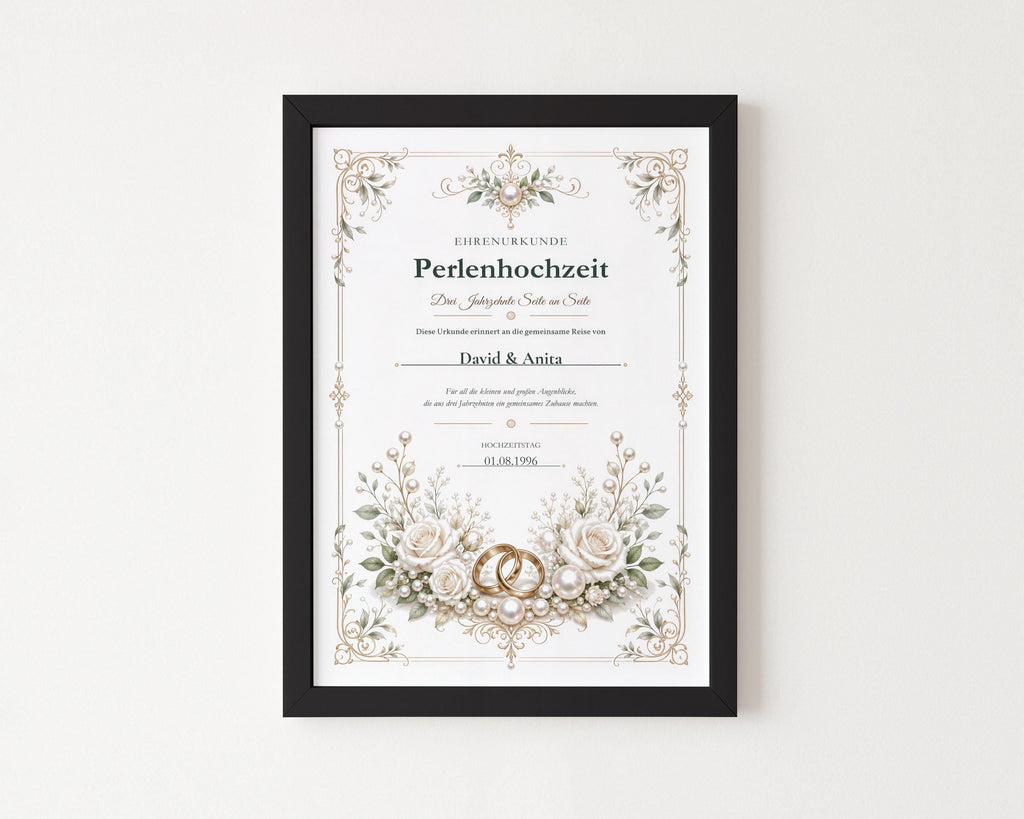 Perlenhochzeit 30 Jahre – personalisierte Urkunde