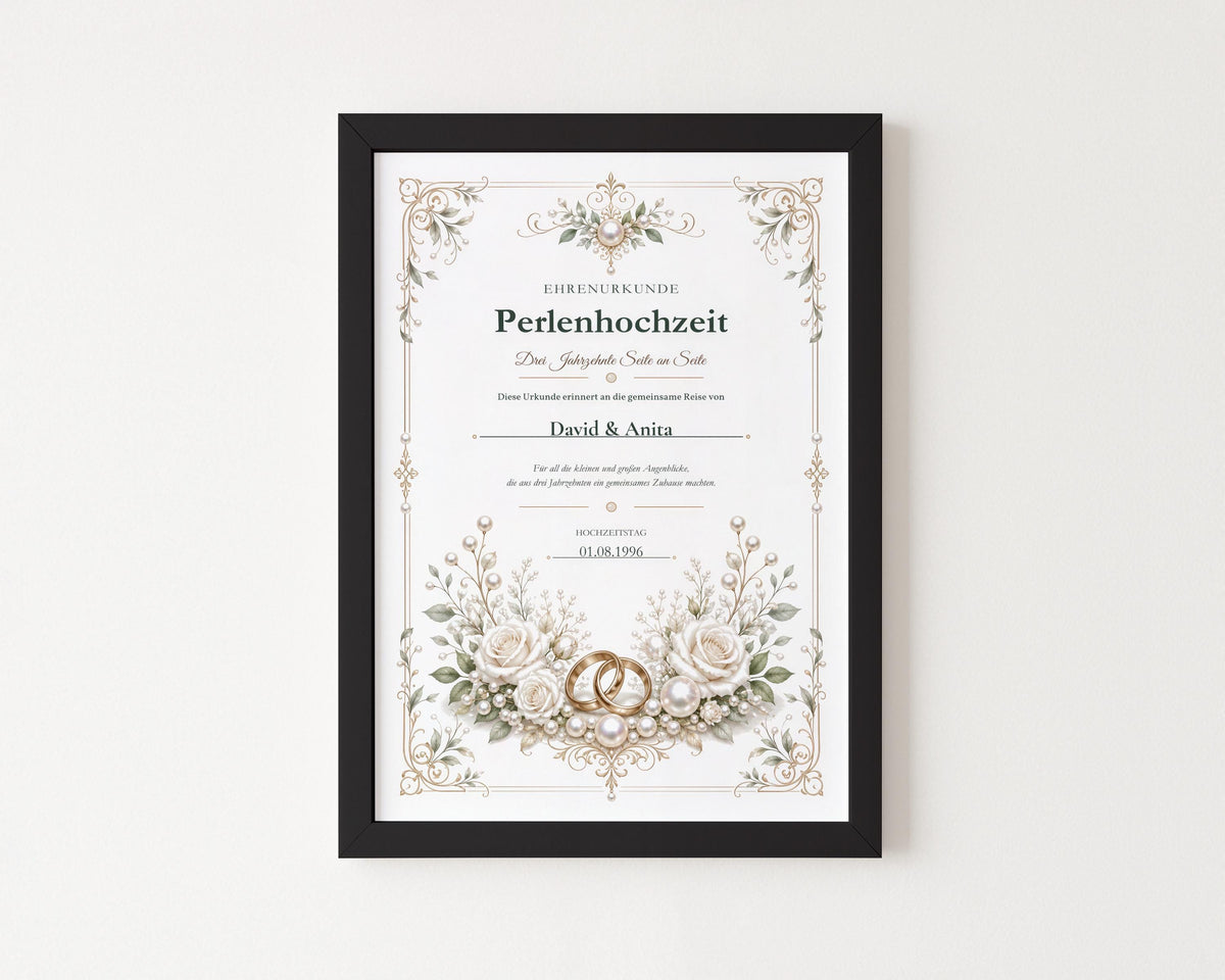 Perlenhochzeit 30 Jahre – personalisierte Urkunde