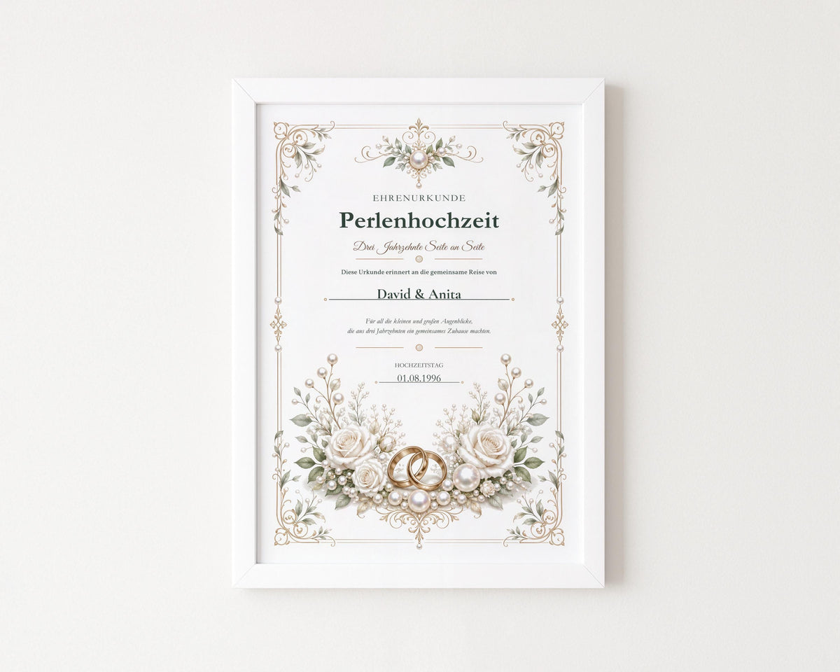 Perlenhochzeit 30 Jahre – personalisierte Urkunde