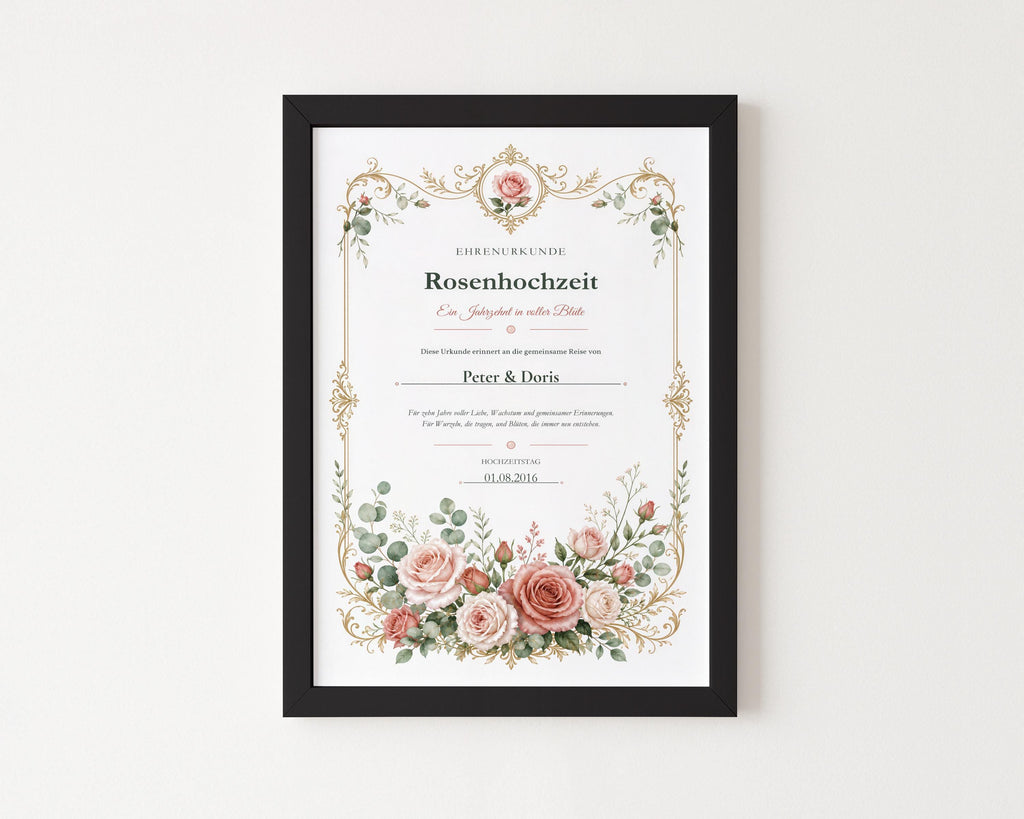 Rosenhochzeit 10 Jahre – personalisierte Urkunde