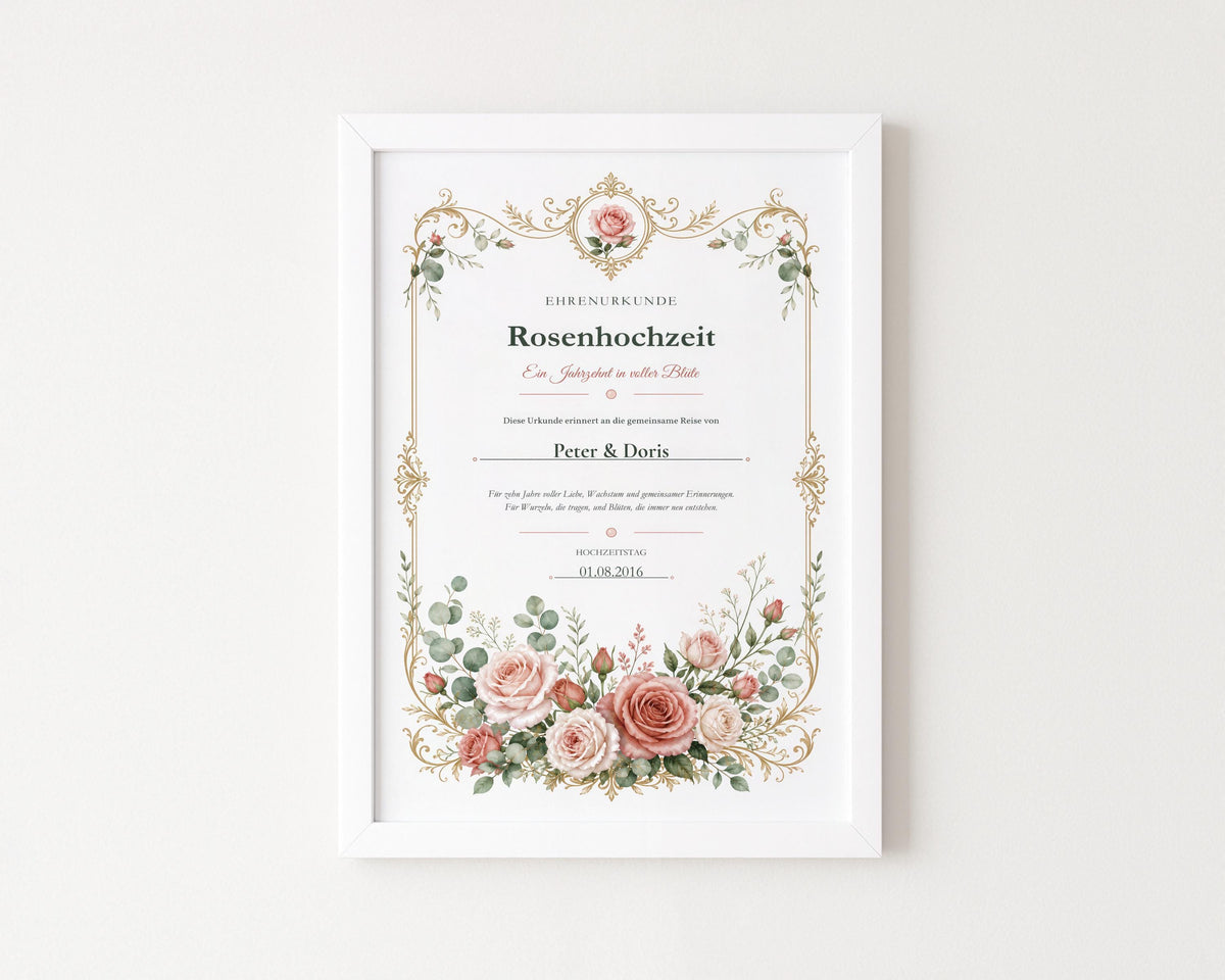 Rosenhochzeit 10 Jahre – personalisierte Urkunde