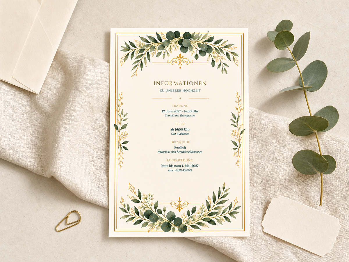 Personalisierte Informationskarte zur Hochzeit im Greenery-Design