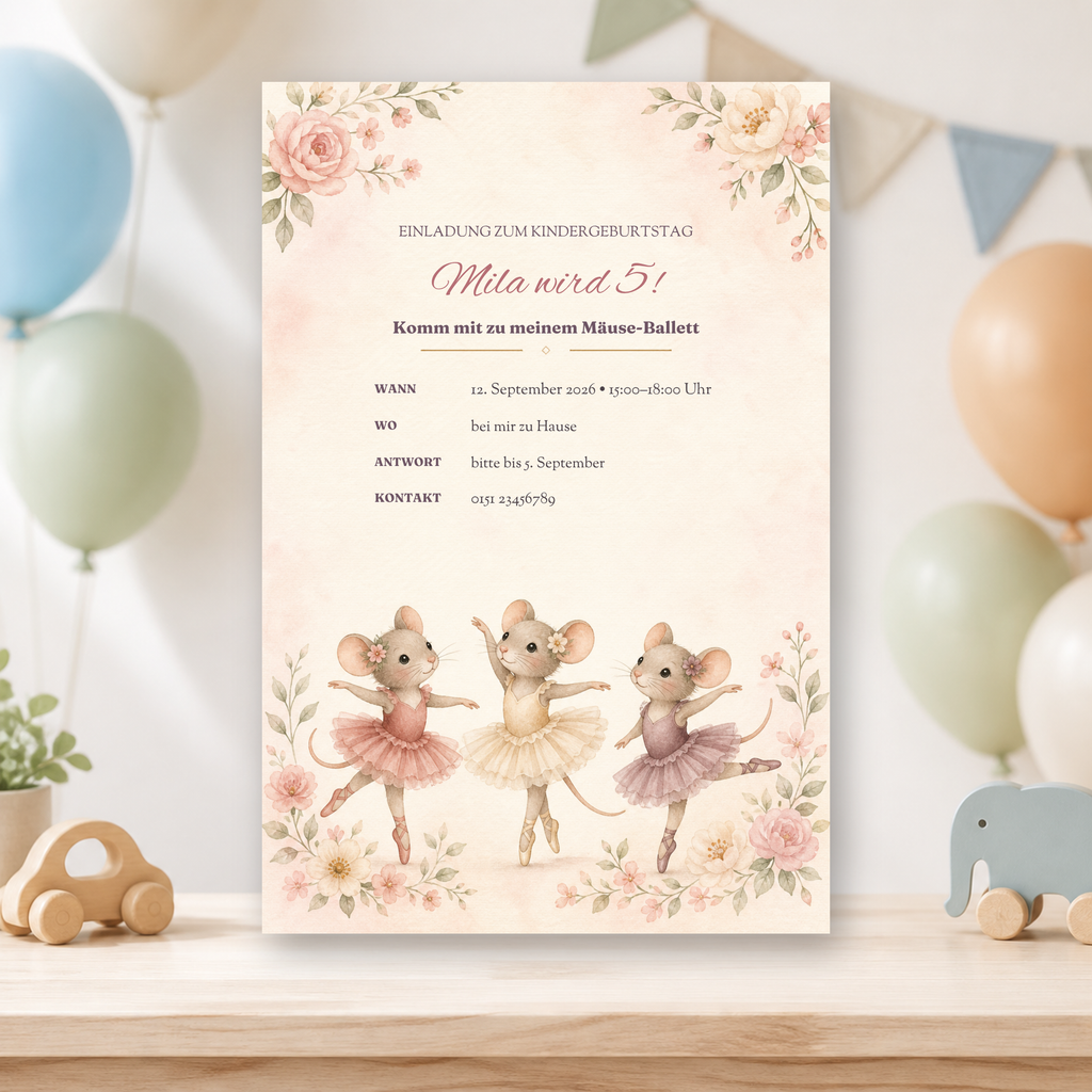 Personalisierte Mäuse-Ballett-Einladung zum Kindergeburtstag mit Umschlägen