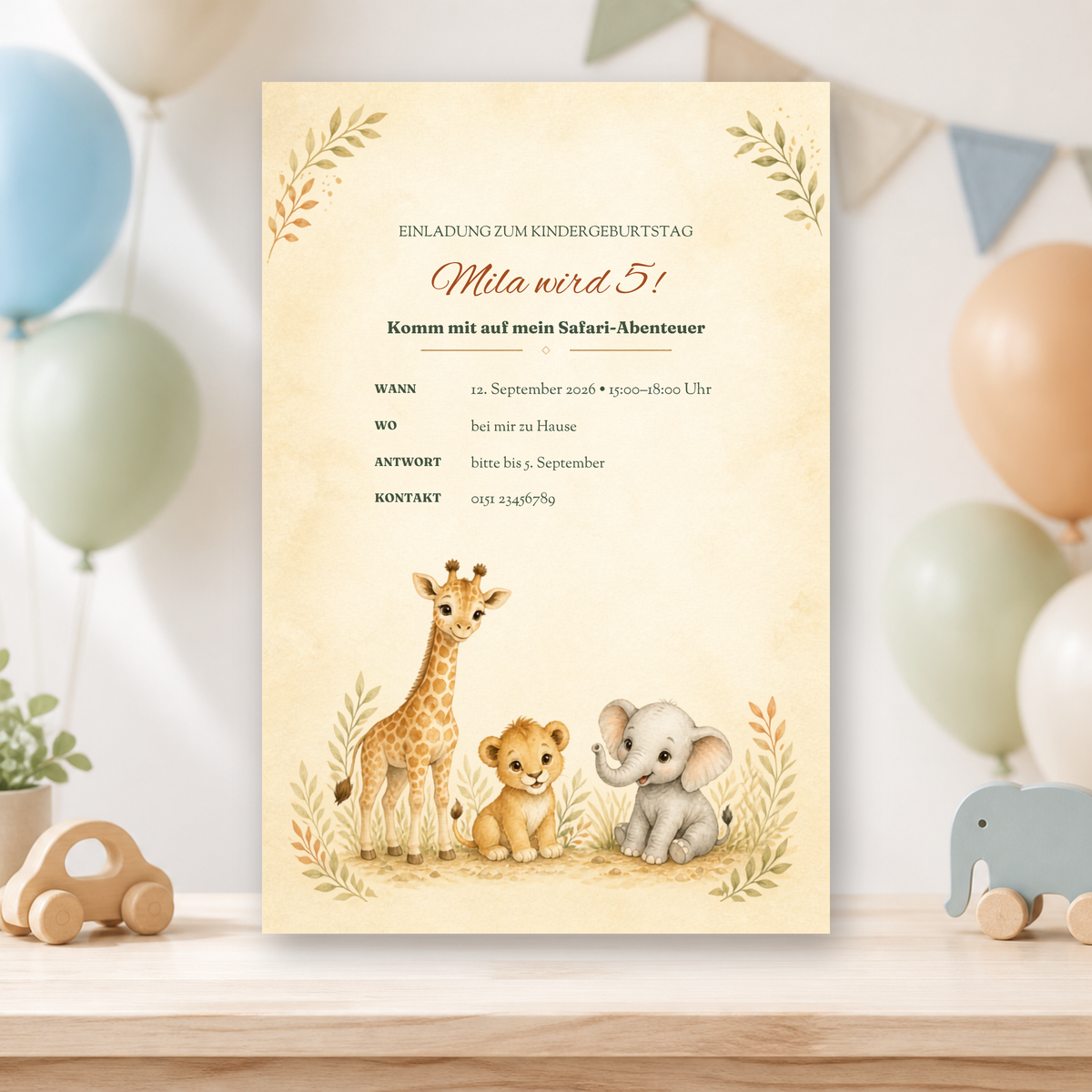 Personalisierte Safari-Einladungskarte zum Kindergeburtstag mit Umschlägen