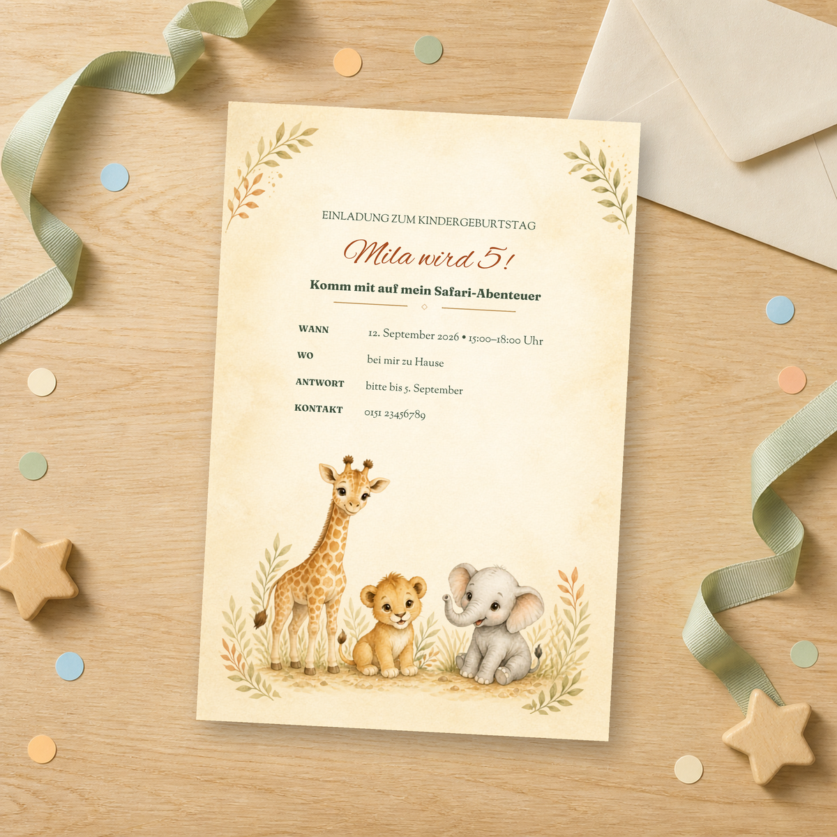Safari-Einladungskarte zum Kindergeburtstag als Holz-Flatlay