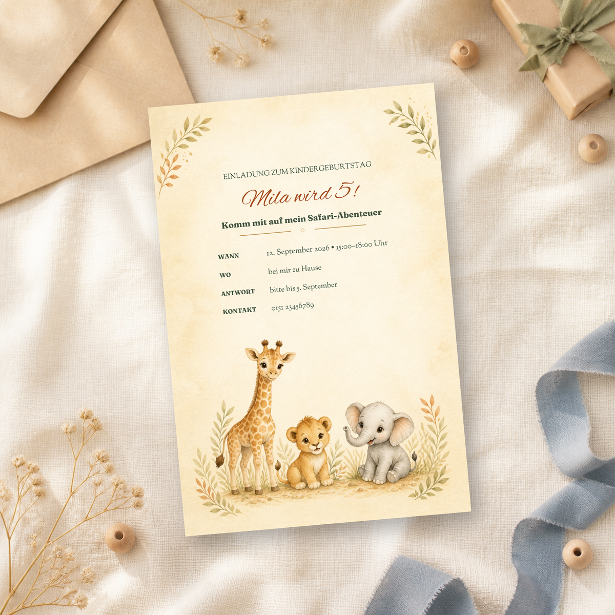 Safari-Einladungskarte zum Kindergeburtstag als Leinen-Flatlay