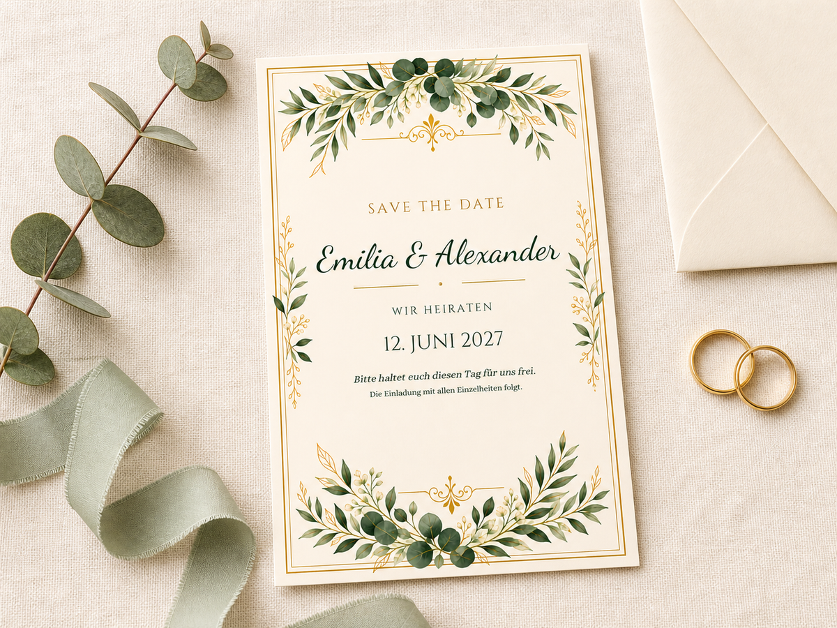 Personalisierte Save-the-Date-Karten im Greenery-Design mit Umschlag