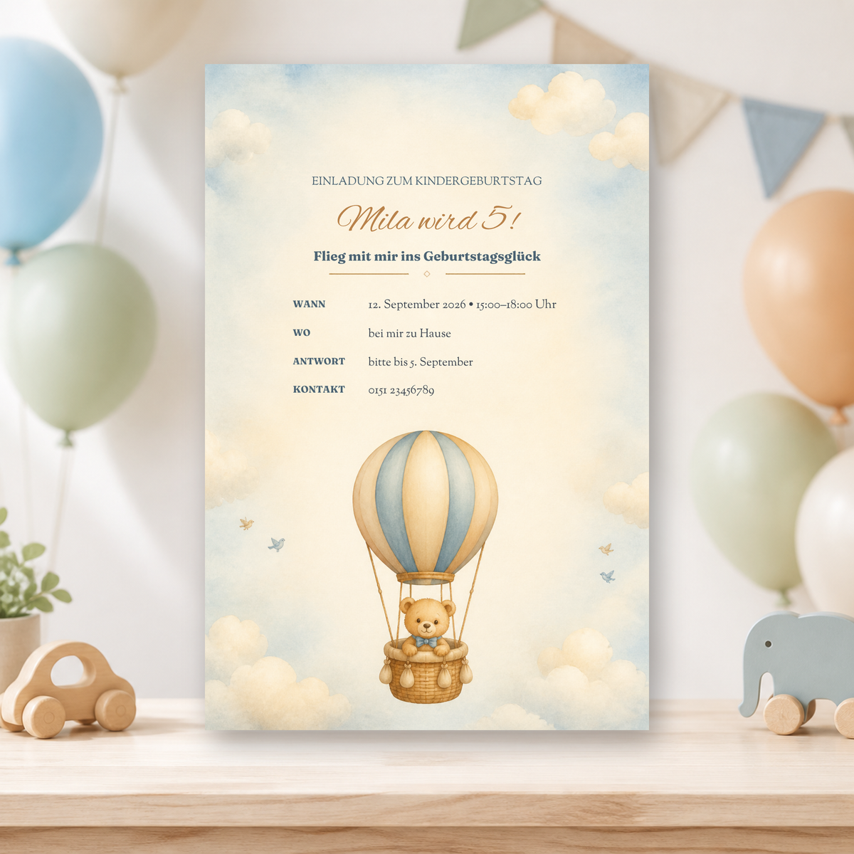 Personalisierte Teddy-Heißluftballon-Einladung zum Kindergeburtstag mit Umschlägen