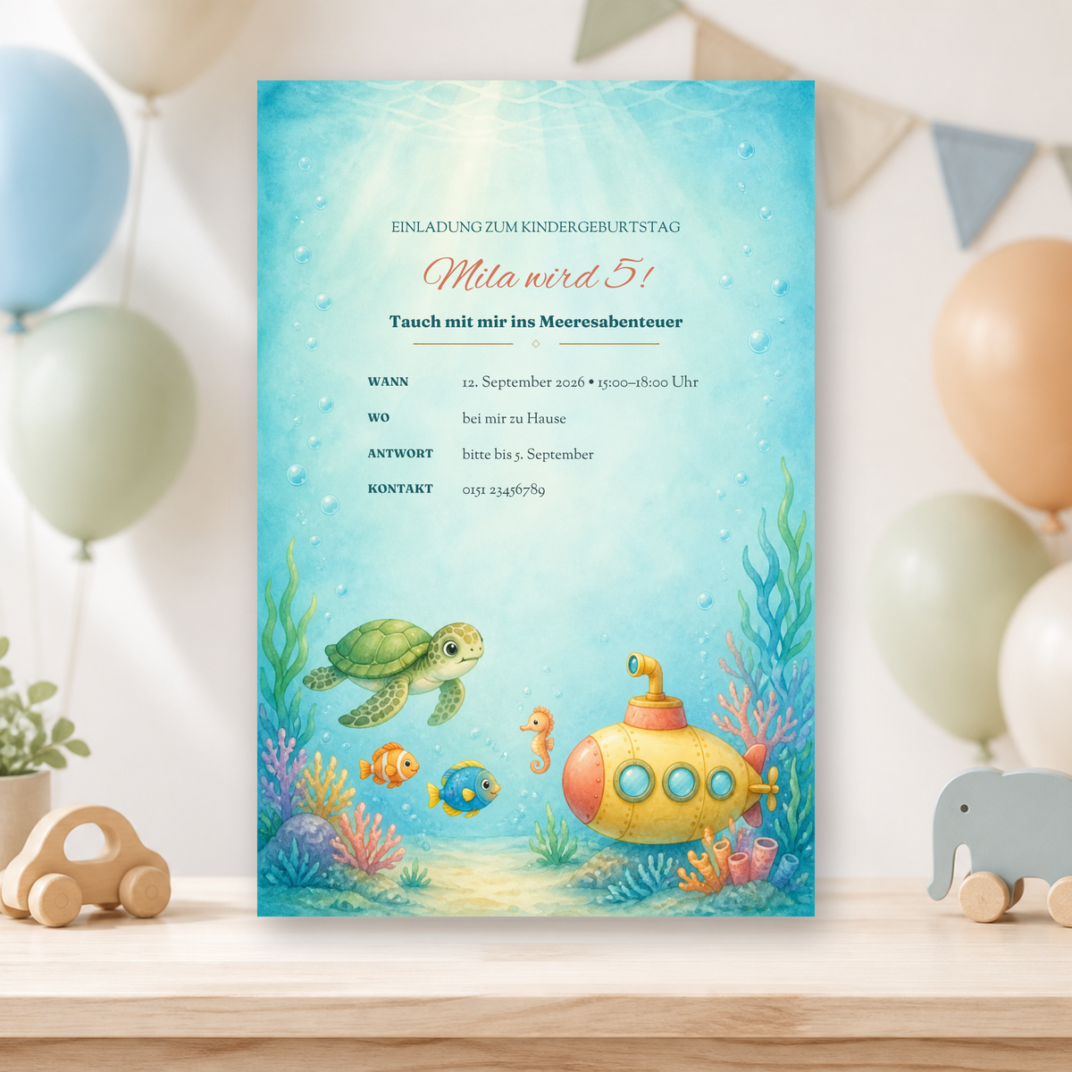Personalisierte Unterwasser-Einladungskarte zum Kindergeburtstag mit Umschlägen
