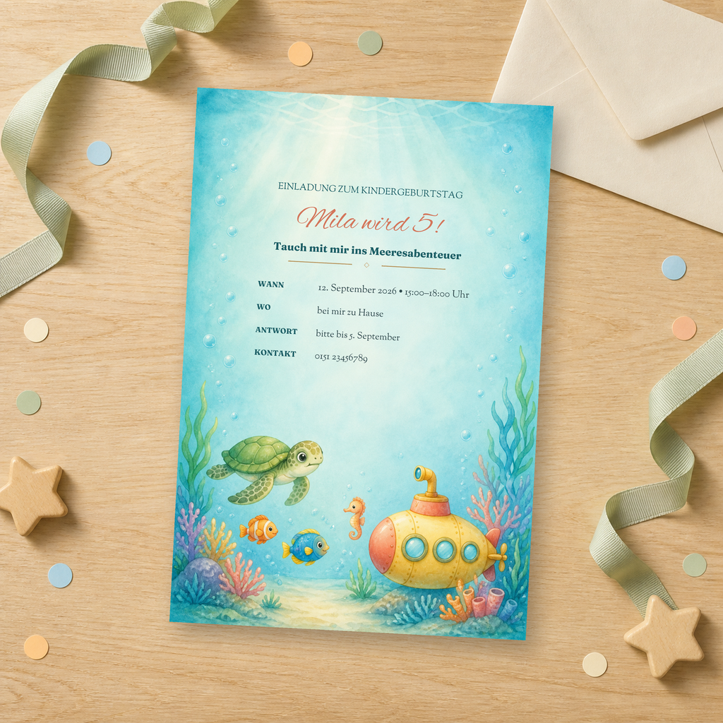Unterwasser-Einladungskarte zum Kindergeburtstag als Holz-Flatlay